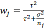 weight j = tau^2 divided by the sum of tau^2 and sigma^2/n_j